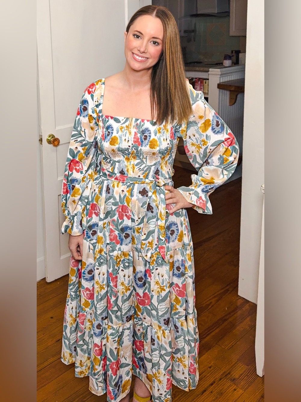 Simple Floral Smocked Tiered Midi Dress - Cream Multi